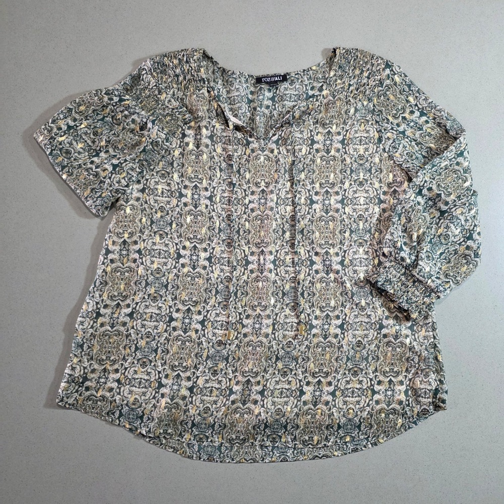 Roz & Ali Womens Large Green Gold Metallic Damask Smocked Tassel Blouse Top